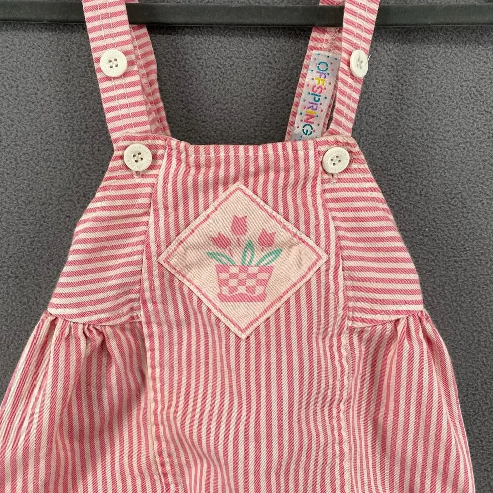 Vtg 80s 90s Offspring Playsuit Jumper Romper Girls 24M Pink Stripe Tulips Cotton